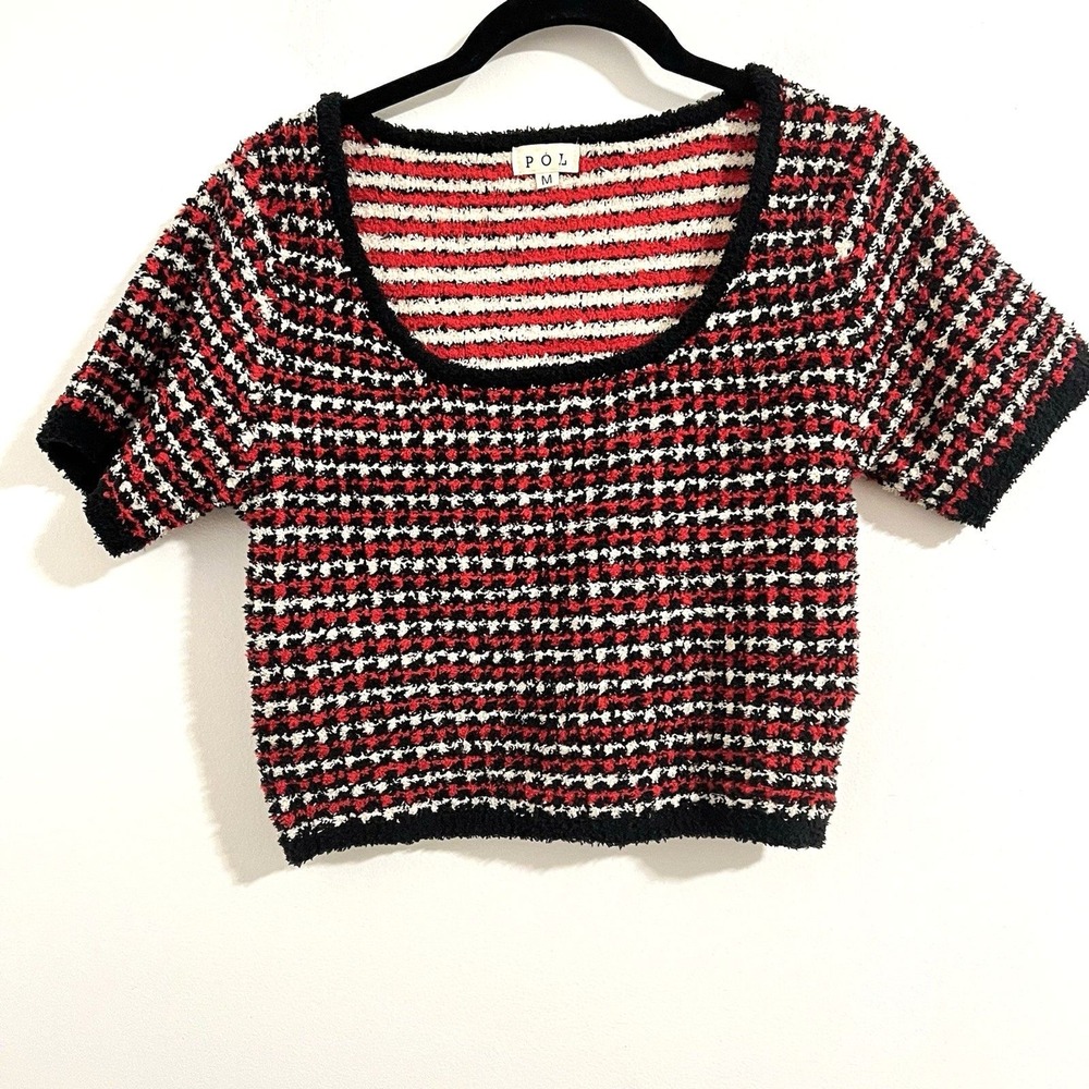 Pol Sweater Top Size M Red White Stripes Fuzzy Soft Short Sleeve Y2K Grunge